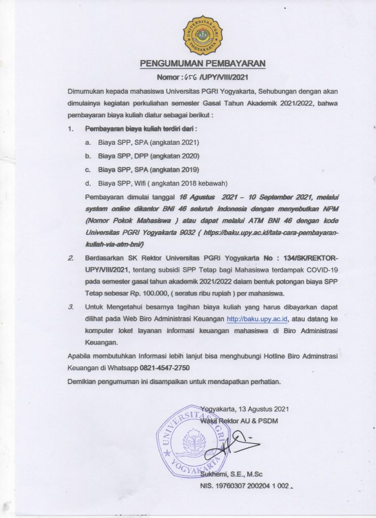 Pengumuman Biaya Kuliah UPY Semester Gasal TA 2021 2022 Page1 Image1 744x1024